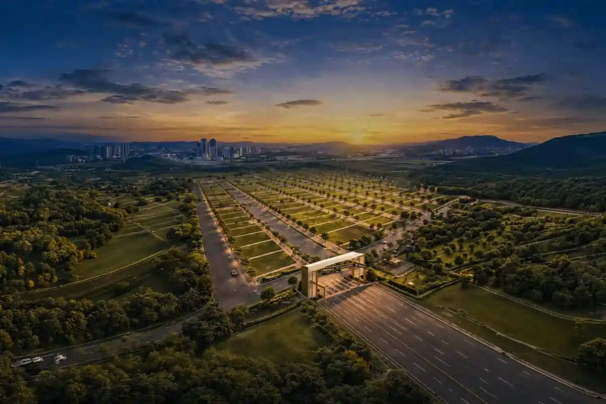 Godrej Rivershore Estate Grand Entrance and Plotted Layout at Sunset